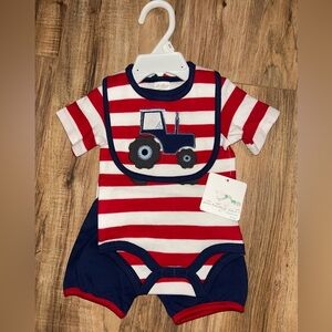 NEW Starting Out Navy & Red Striped Baby Romper+Shorts+bib with Tractor Applique